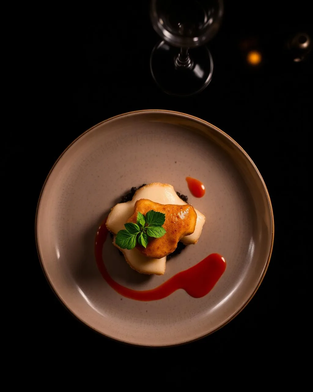 Plated fine dining dish on dark background