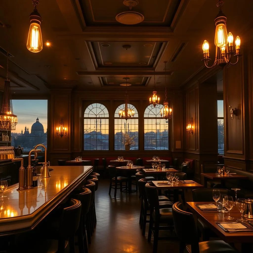 Elegant restaurant interior at dusk
