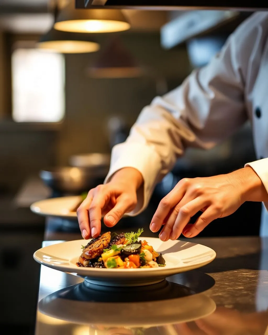 Chef plating a dish in restaurant kitchen